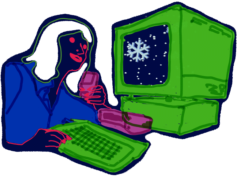 a neon computer user enjoys animated snow