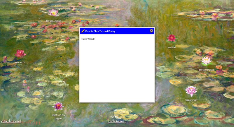 A computer desktop background of Claude Monet's waterlilies painting, with waterlily desktop icons for different .TXT files of poems, and a dialog box that says "Double Click to Load Poetry".