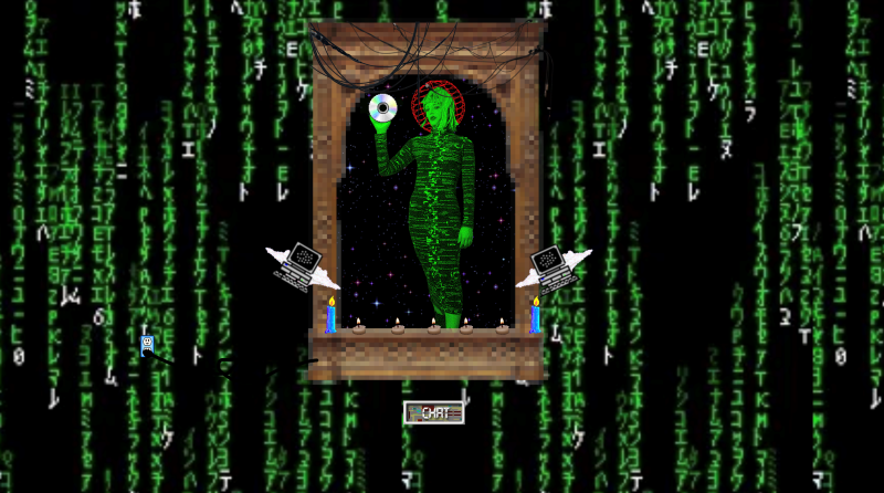 A devotional image of Motherbot - a femme figure with ethernet cable hair, a dress made of debug console text, and a network symbol for a halo - posed within a niche, holding a CD, and attended by two desktop PCs with angel wings. The surrounding space is Matrix-y green type on a black background. There is a button that says “Chat”.