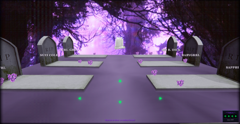 A black and purple graveyard with glowing green navigation arrows, pointing towards headstones for queer websites.