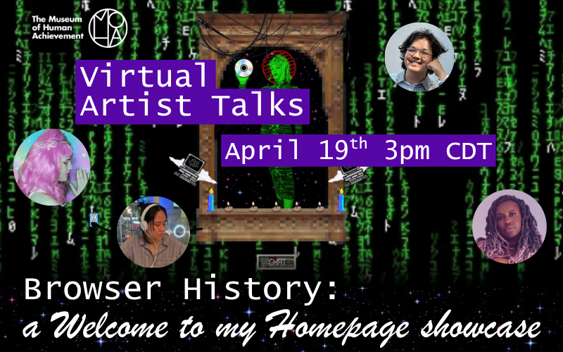 Banner for the Virtual Artist Talks featuring the artists' faces floating over computer code.